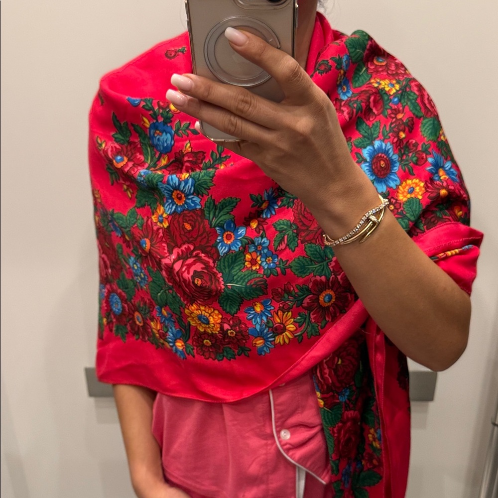 Large Floral Square Scarf | Red with Multicolor Flowers | 133 cm